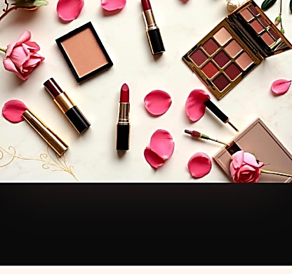 Bridal cosmetics flatlay and beauty palette with rose petals